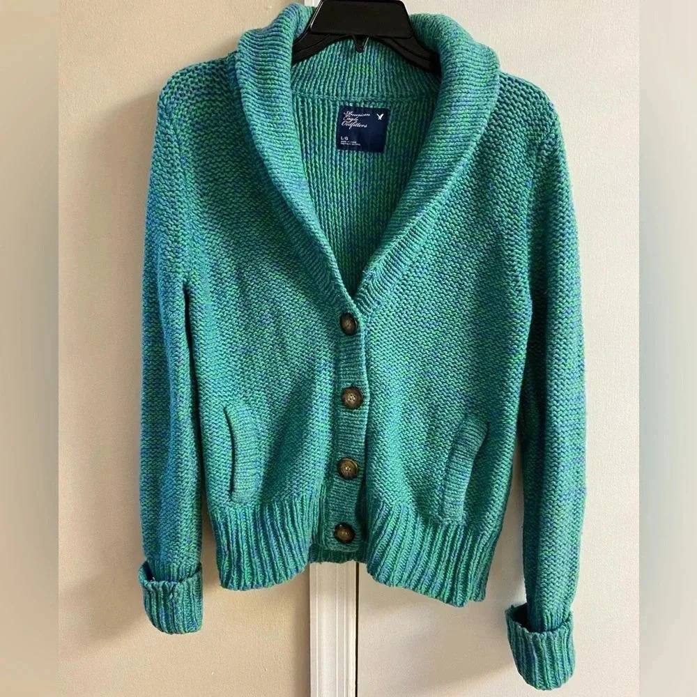 American Eagle sweater cardigan academia purple/green button front Large - Picture 1 of 7